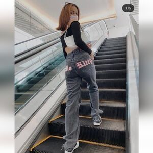 RARE Berksha Hello Kitty Graffiti black straight high waisted jeans distressed